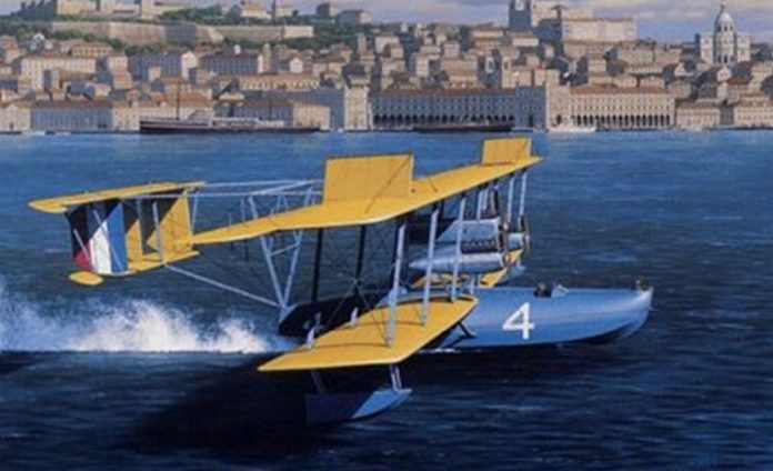 O Hidroavião NC-4 a amarar no Tejo em frente a Lisboa (Vista de artista)