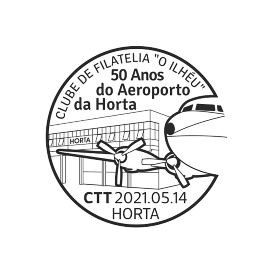 Clube de filatelia O Ilhéu – Aeroporto da Horta com selo e carimbo na passagem do cinquentenário