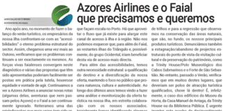 Azores Airlines e o Faial que precisamos e queremos