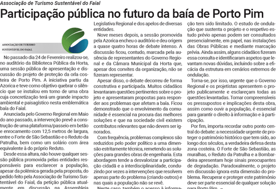Associação de Turismo Sustentável do Faial | Participação pública no futuro da baía de Porto Pim